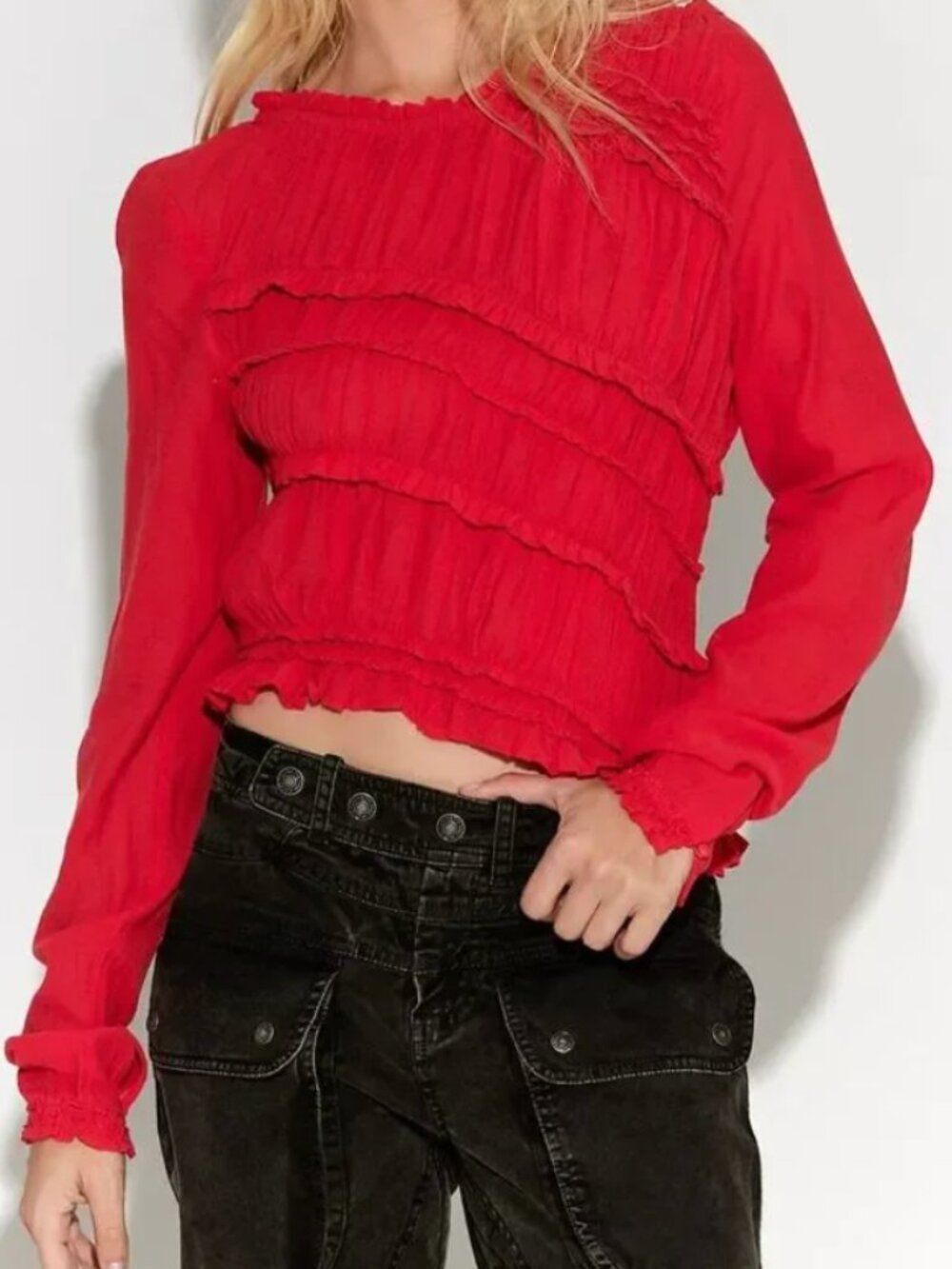 Free People Pink Sands Ruched Long Sleeve Cropped Top NWT Size X-Large boho